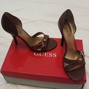 GUESS, brown sandles with gold hardware